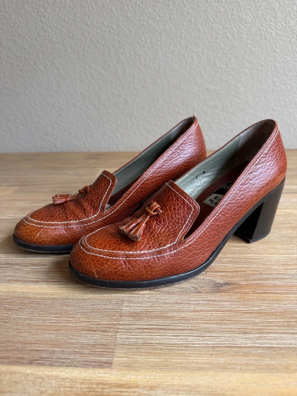 Paul Mayer Pebbled Leather Tassel Block Heels in Cognac - Picture 1 of 12